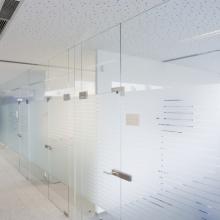 Photo of Solar Gard Clear Frost window tinting installed on an office corridor